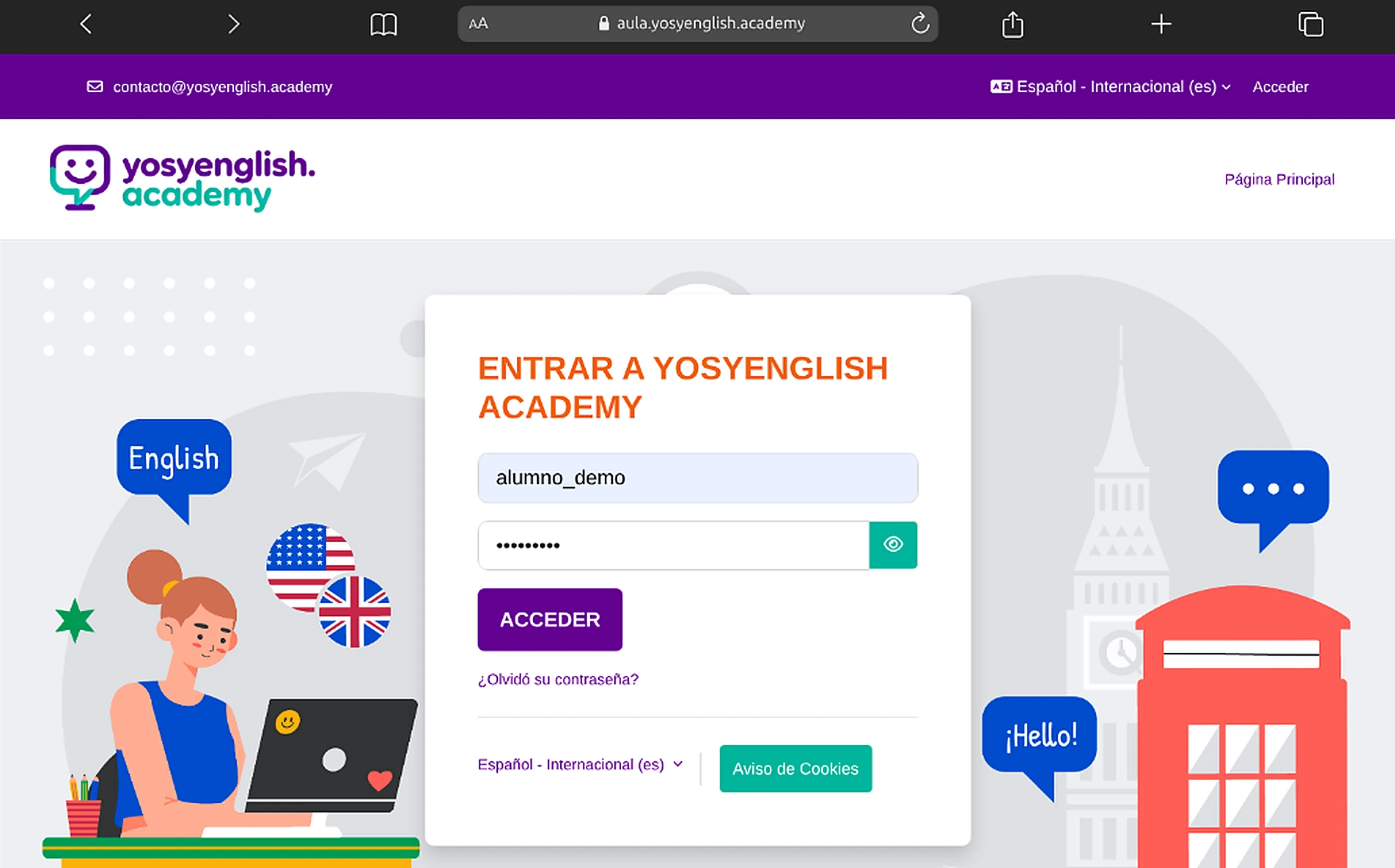 Pantalla de acceso al aula virtual de Yosy English