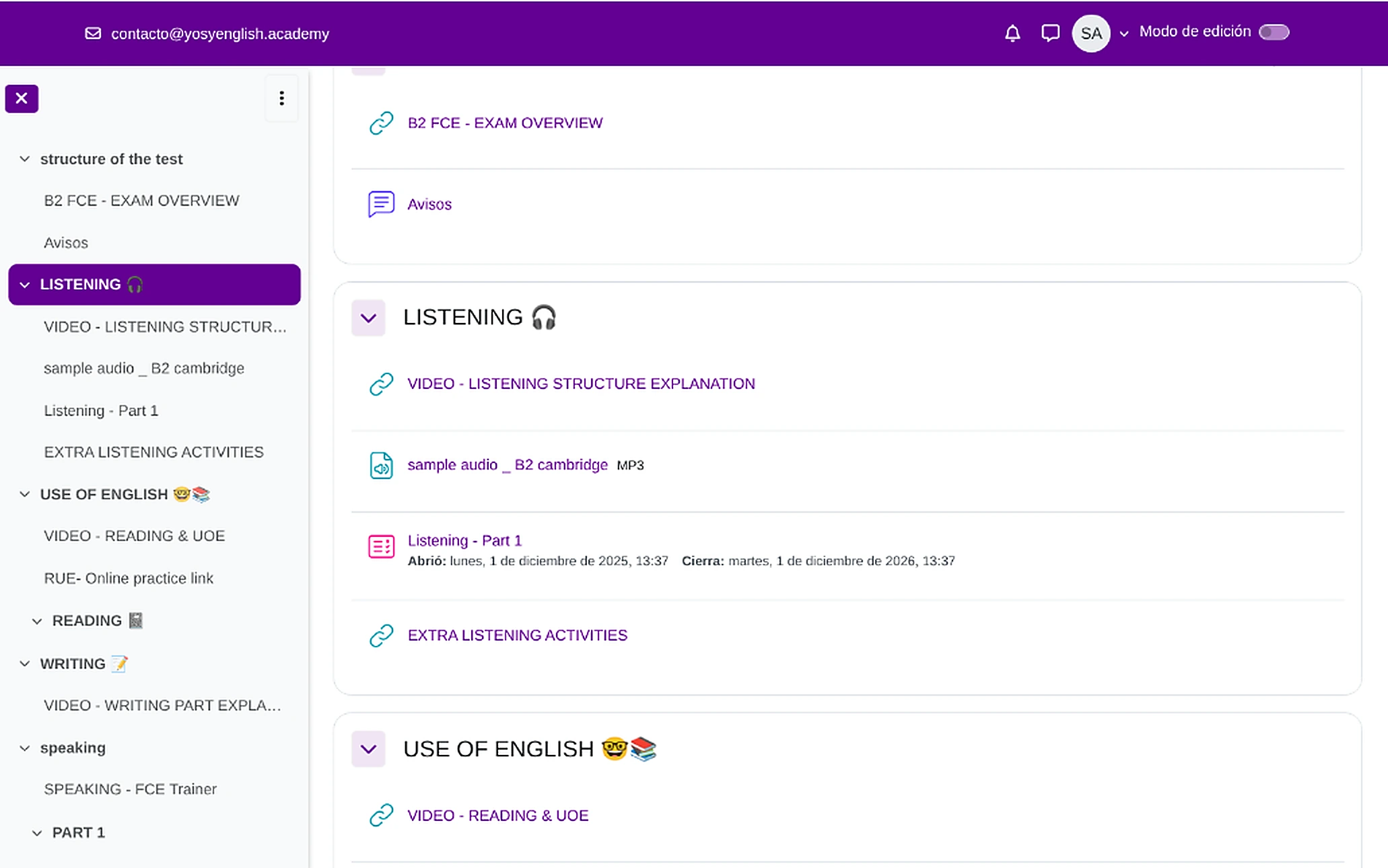 Lecciones y recursos disponibles en el aula virtual de Yosy English