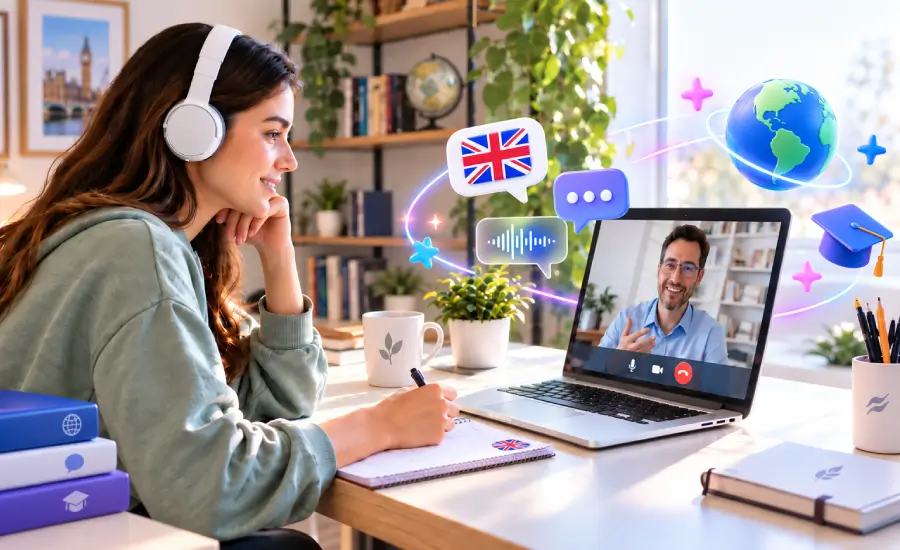 Estudiante participando en una clase personalizada de inglés online