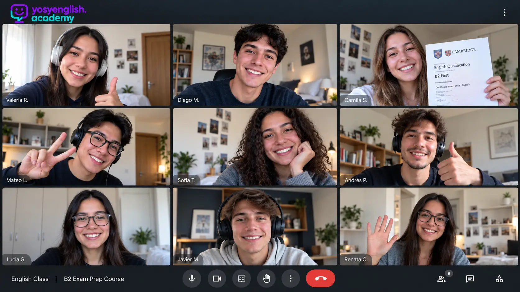 Estudiantes participando en una clase grupal de inglés online de Yosy English Academy